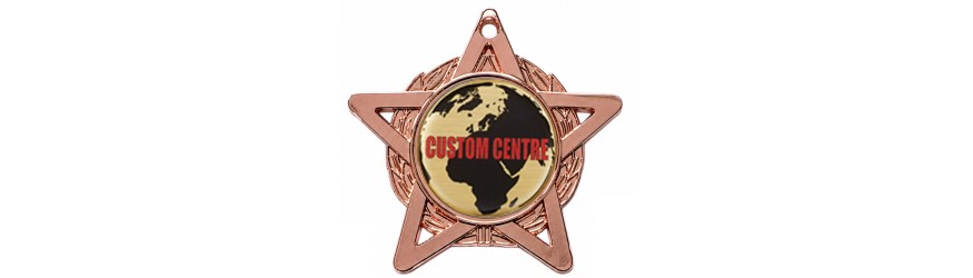 CUSTOM DOMED CENTRE MEDAL - 50MM STAR - GOLD, SILVER OR BRONZE CUSTOM DOMED CENTRE MEDAL - 50MM STAR - GOLD, SILVER OR BRONZE